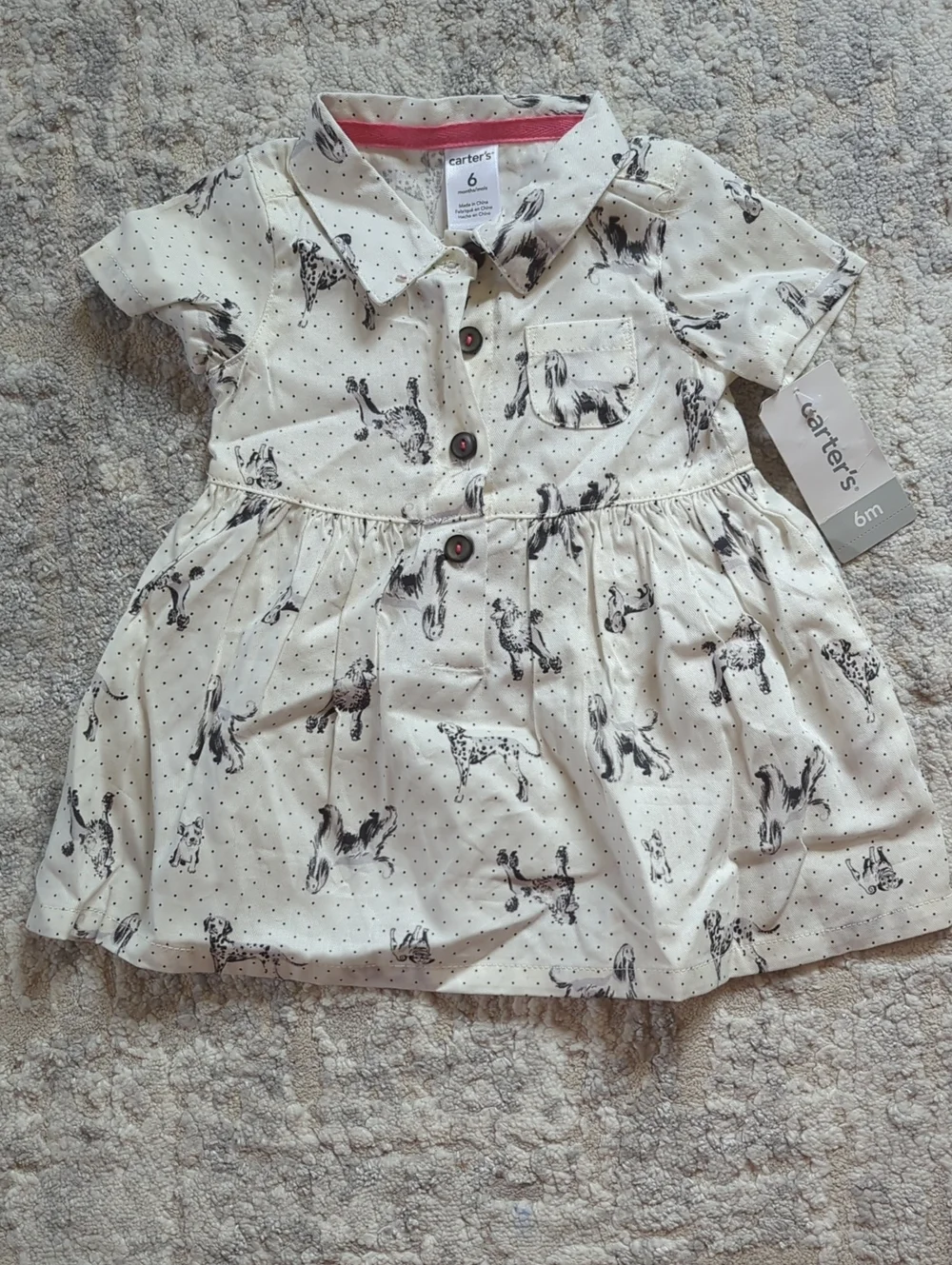 NWT Carter's Cream Dress with Black Puppy Print and Polka Dots Size 6 Months